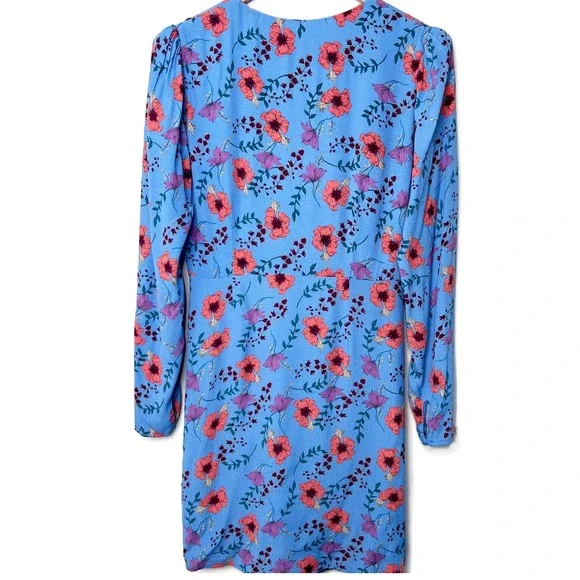 ASTR the Label Vibrant Blue Floral Ruched V-Neck Long Sleeve Mini Dress Womens M - Picture 4 of 8